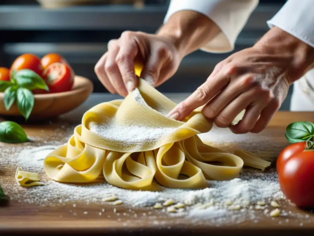 Un chef experto moldea pasta casera en una cocina italiana, evocando la pasión detrás de los platos icónicos