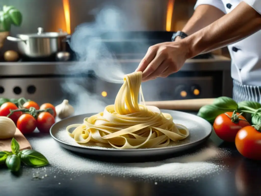 Un chef experto moldeando pasta casera en una cocina italiana, rodeado de ingredientes frescos