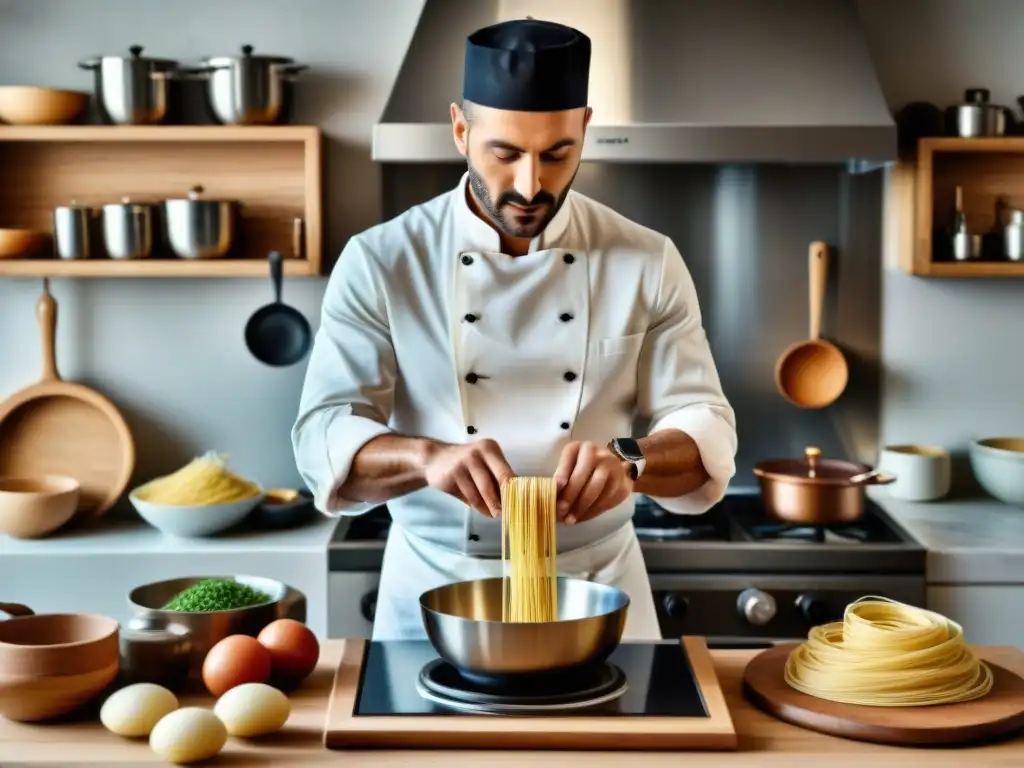 Un chef experto preparando pasta en una cocina italiana tradicional y moderna