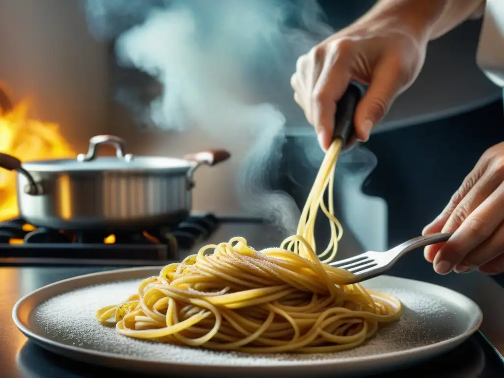 Un chef experto prepara pasta al dente en una cocina bulliciosa