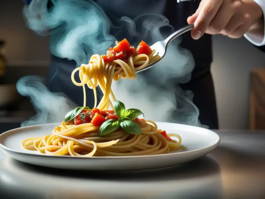 Un chef experto enrolla pasta al dente con salsa de tomate y albahaca, mostrando precisión y habilidad