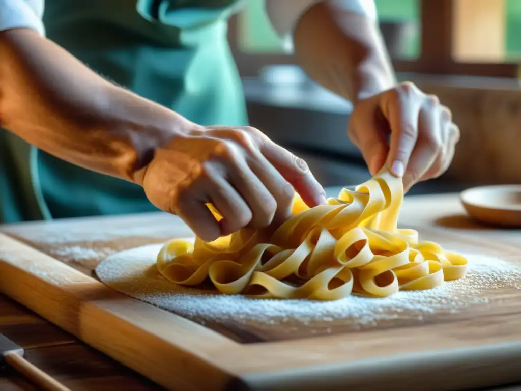 Un chef experto moldea pasta dorada en Bolonia, creando formas elegantes con destreza