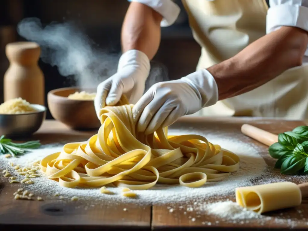 Un chef experto moldea pasta fresca en una cocina rústica, revelando los secretos de la cocina italiana en platos tradicionales