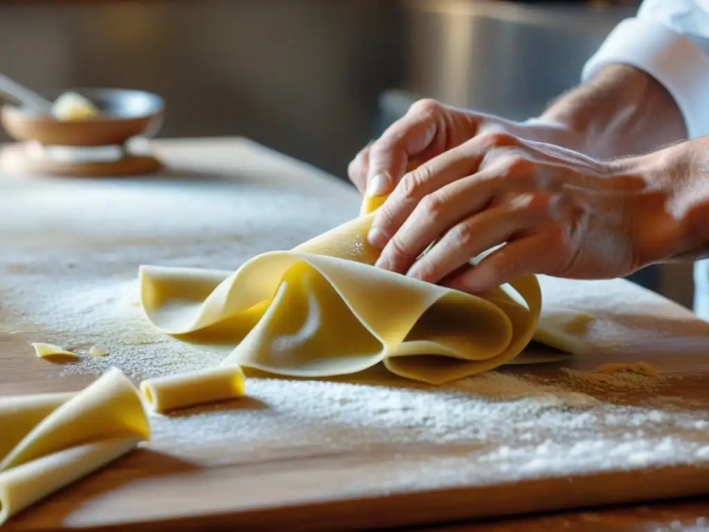 Chef experto preparando pasta fresca a mano con destreza, en un ambiente acogedor