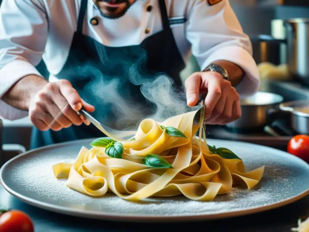 Chef experto preparando pasta fresca en restaurante italiano galardonado