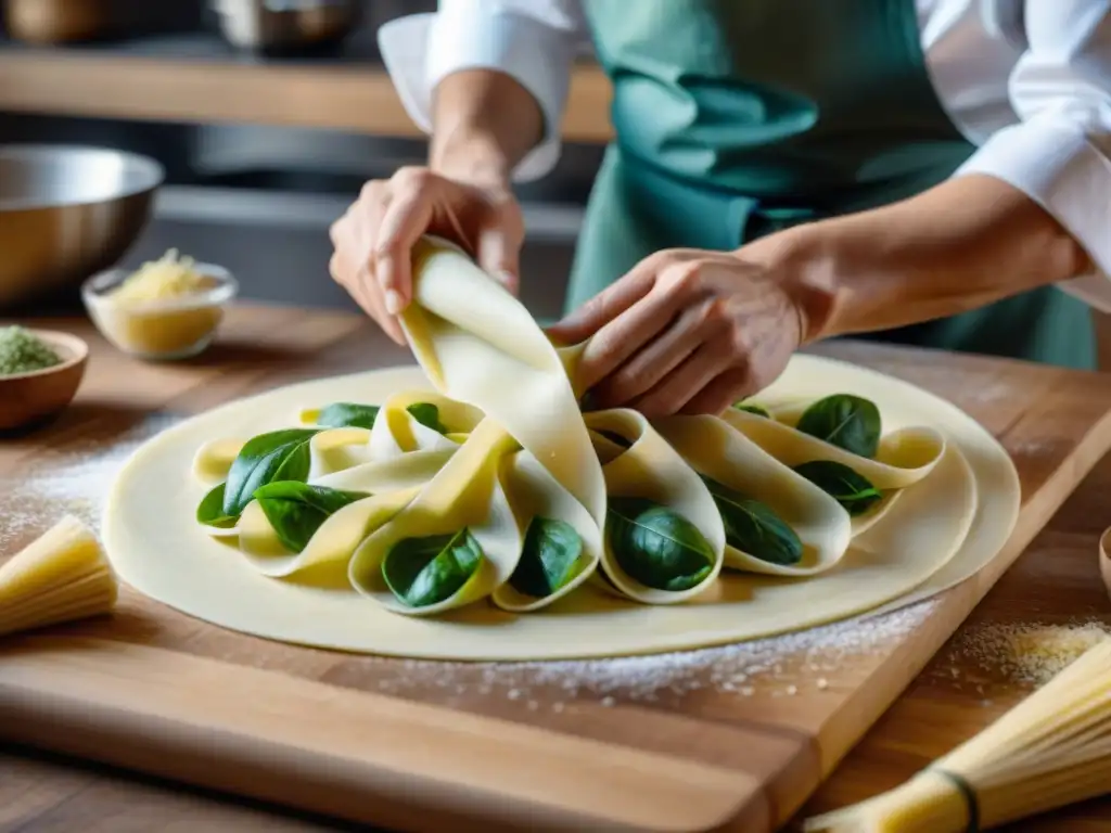 Un chef experto crea pasta fresca con espinaca, transmitiendo una experiencia única degustación pasta fresca