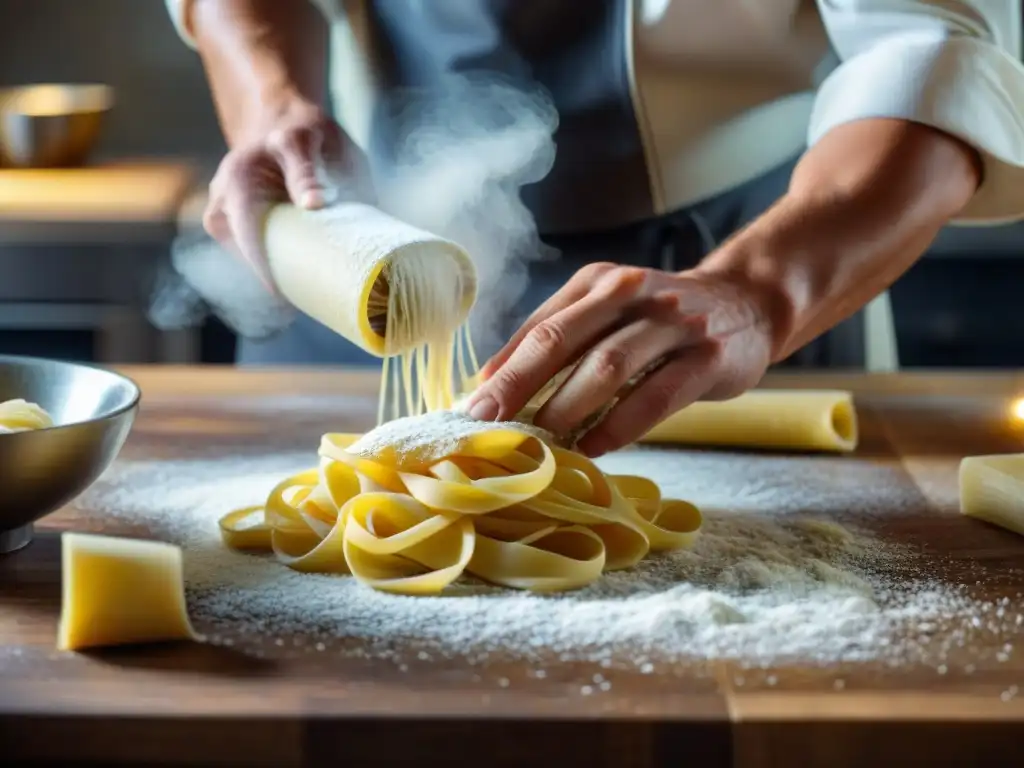 Un chef experto moldea pasta fresca con dedicación, creando una experiencia única degustación pasta fresca