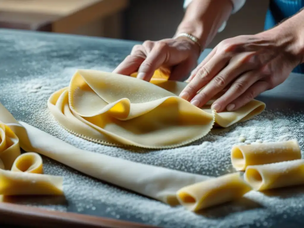 Un chef experto elabora pasta fresca con cuidado y destreza