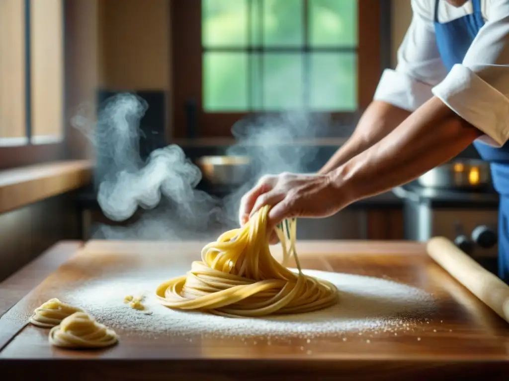 Un chef experto elaborando pasta fresca en una cocina italiana, con una atmósfera cálida y acogedora