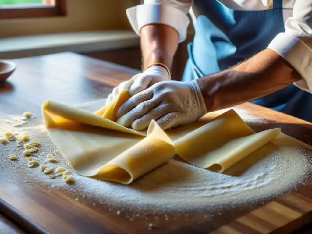 Chef experto elaborando pasta fresca en la cocina italiana, con destreza y pasión