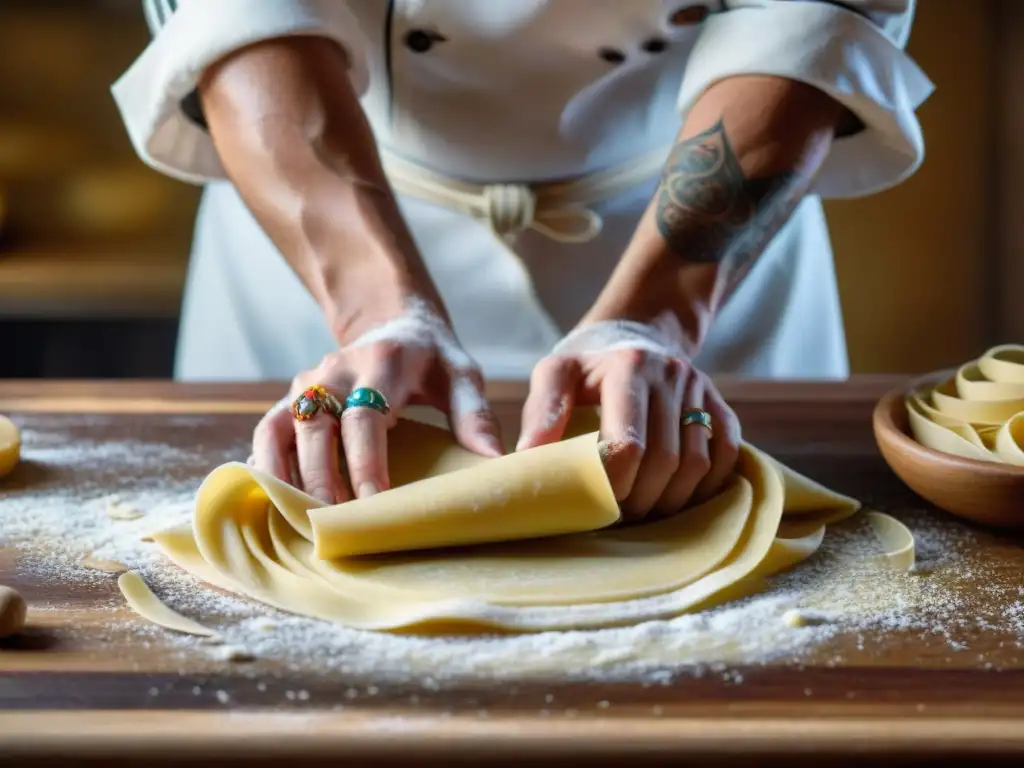 Un chef experto elabora pasta fresca con aplicaciones para cocina italiana, mostrando destreza y pasión en cada detalle