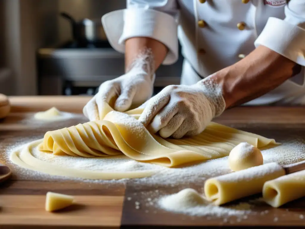 Arte culinario italiano: manos expertas creando pasta fresca Un chef experto moldea pasta fresca en una cocina, evocando la pasión de la comida italiana en el cine