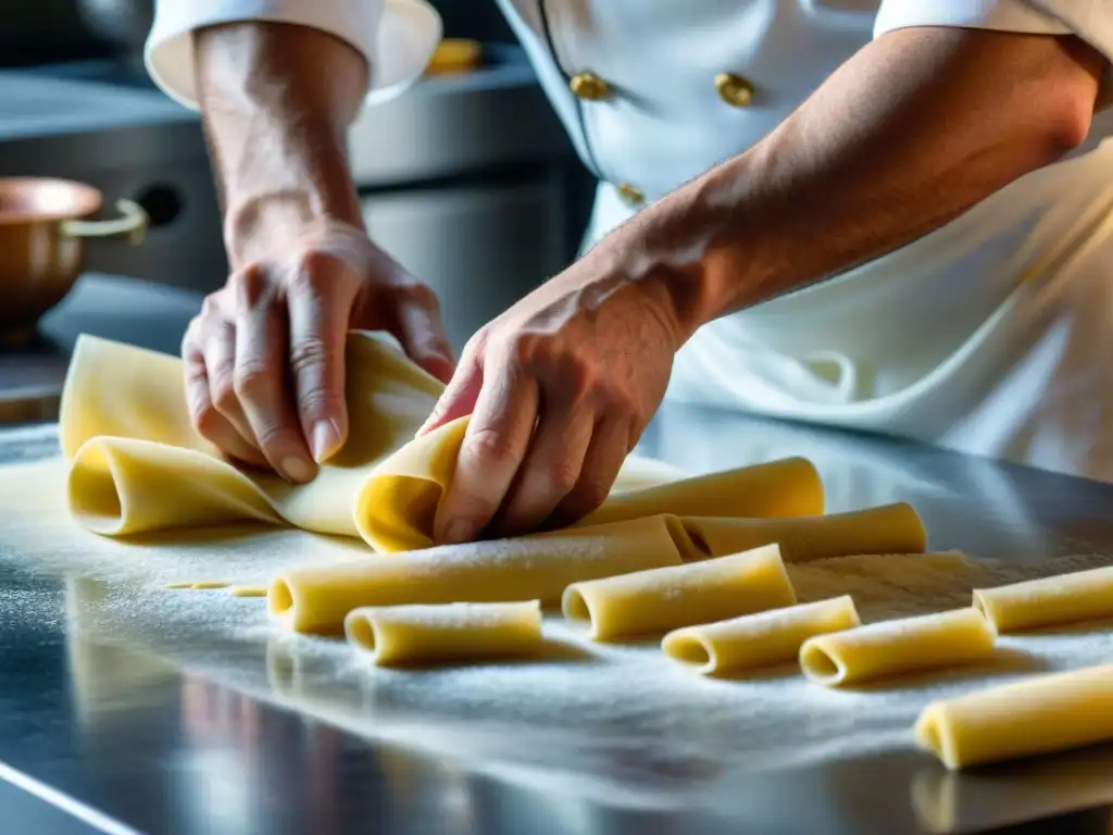 Chef experto elaborando pasta fresca a mano en cocina italiana moderna, con libros y evolución culinaria