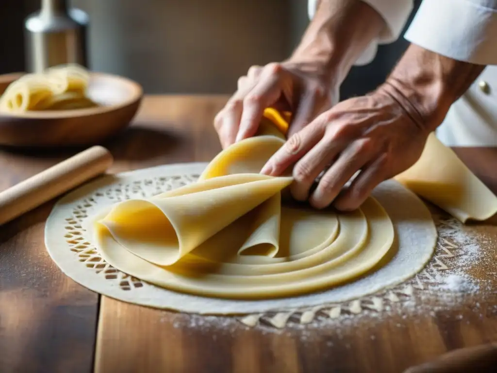 Un chef experto elaborando pasta fresca a mano con utensilios tradicionales, fusionando innovación y tradición en la cocina italiana