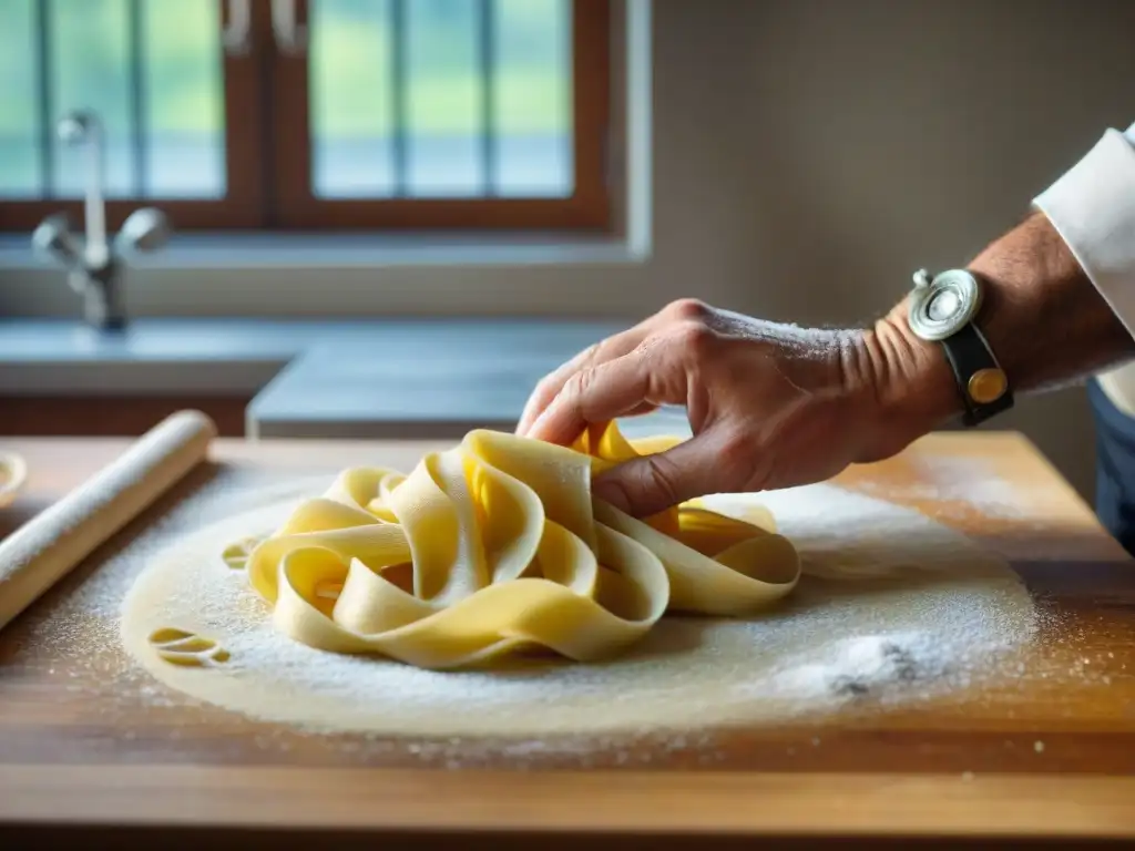 Chef experto moldea pasta fresca con técnicas cocina italiana tradicionales