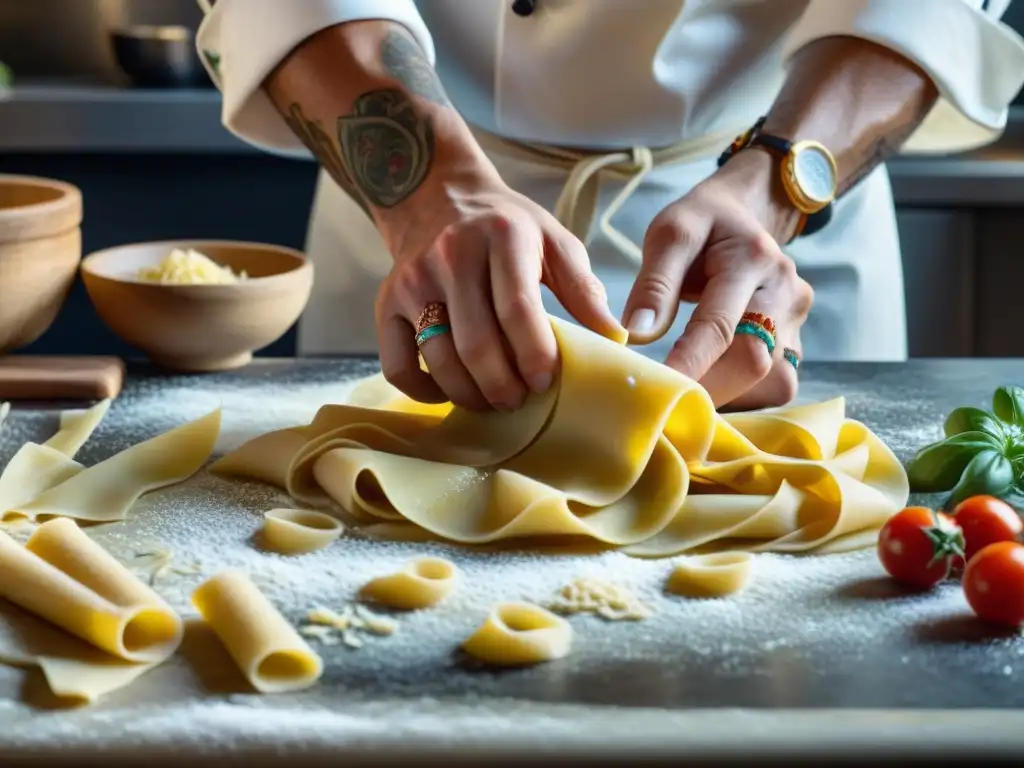 Chef experto creando pasta fresca, fusionando tradición e innovación en cocina italiana tendencias