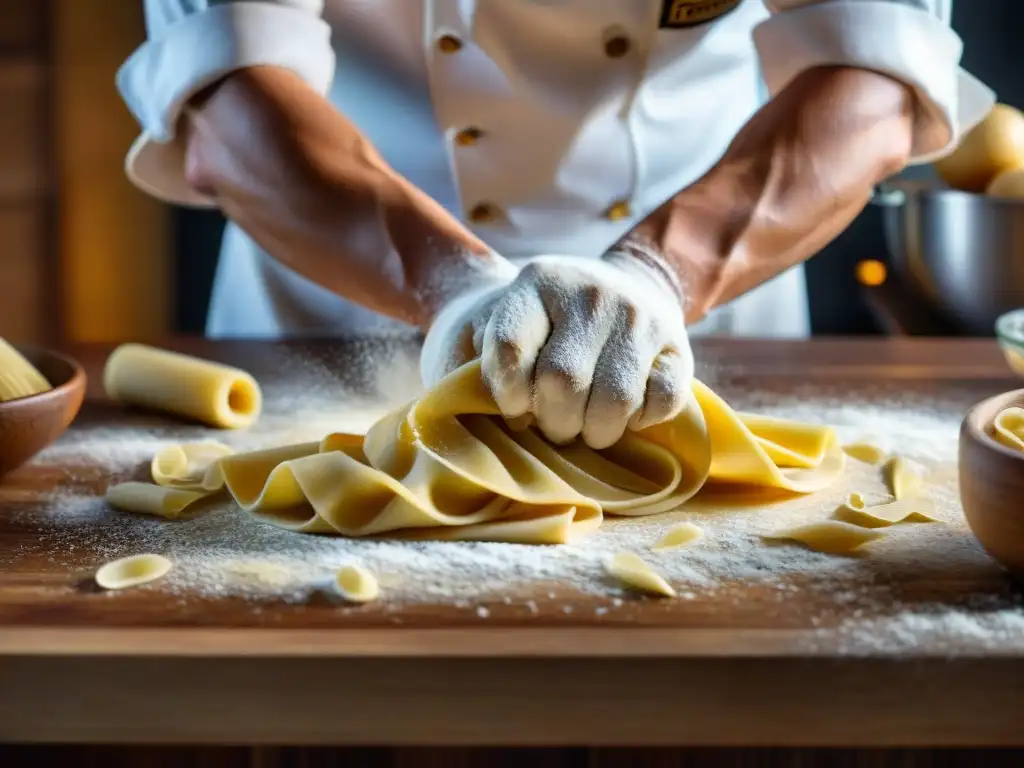 Chef experto moldea pasta fresca en cocina rústica