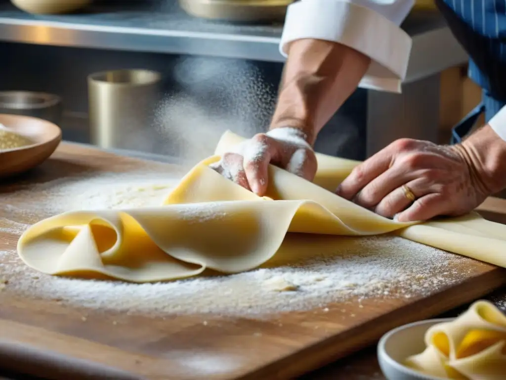 Un chef experto elaborando pasta fresca a mano, resaltando la artesanía y precisión de las técnicas modernas para recetas italianas