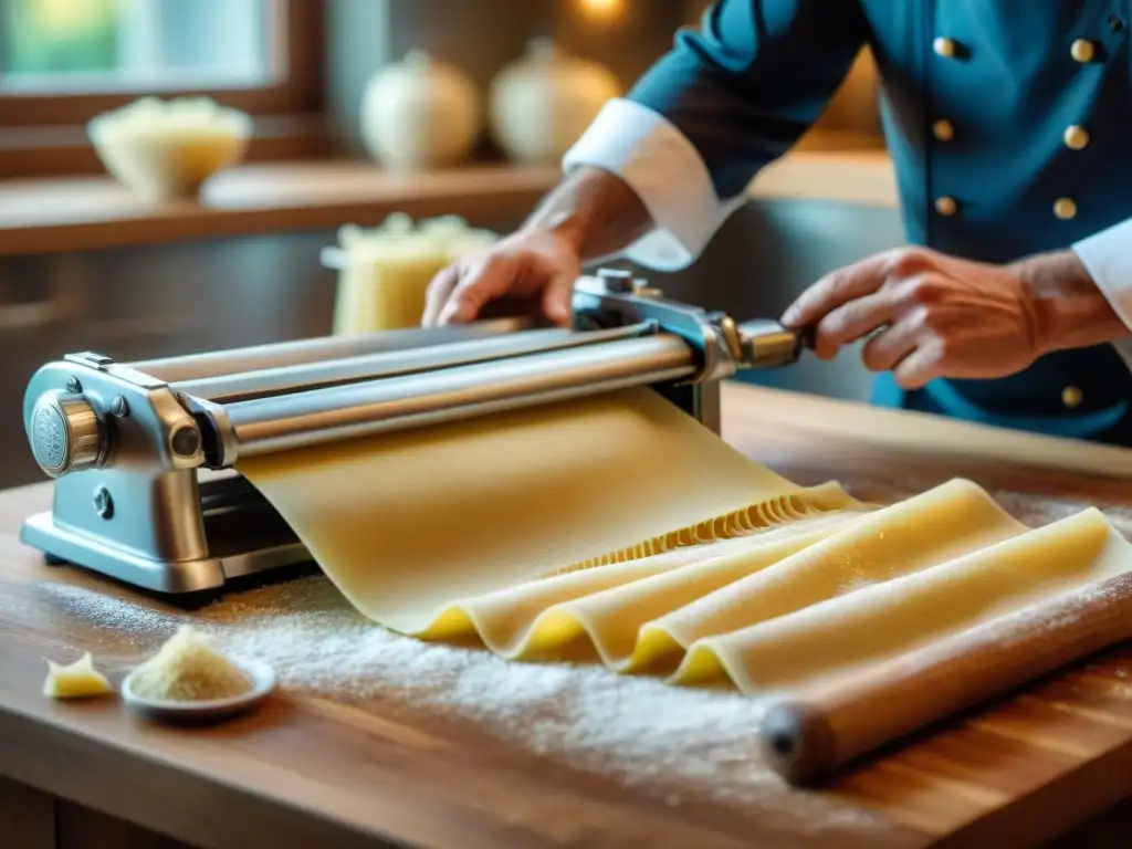 Chef experto preparando pasta fresca con máquina vintage en cocina italiana recetas reinterpretadas