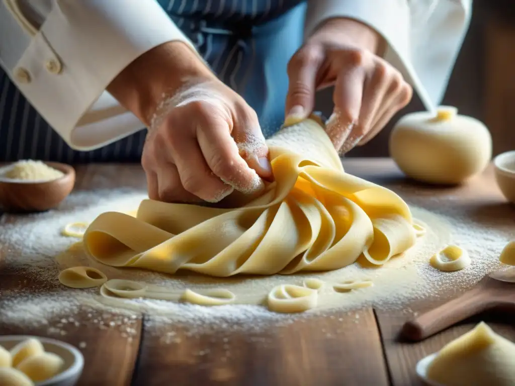 Un chef experto moldea pasta fresca con cuidado en una superficie de madera gastada