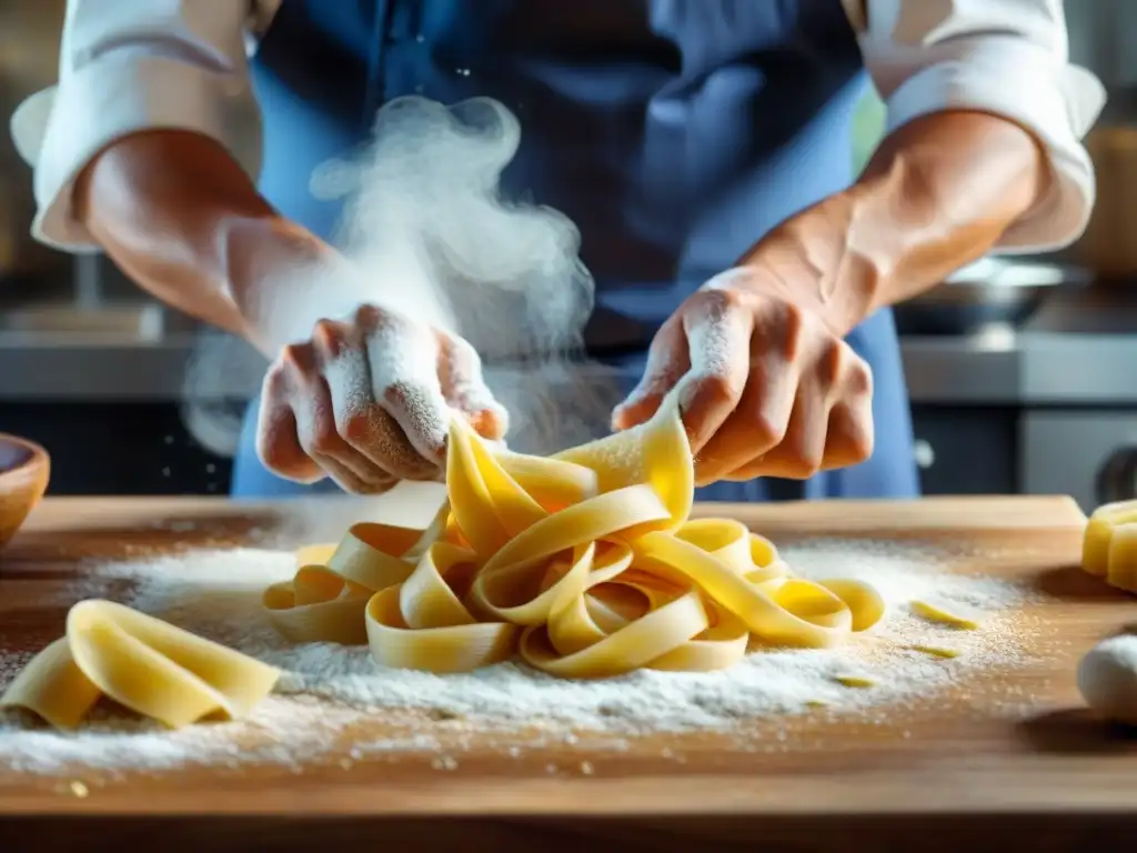 Un chef experto moldea pasta fresca con destreza, rodeado de ingredientes frescos