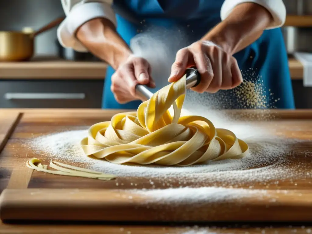 Un chef experto moldea pasta fresca a mano, creando formas intrincadas en una cocina rústica