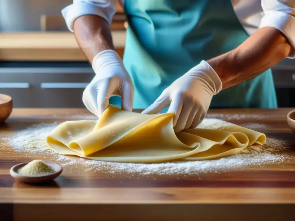 Chef experto preparando pasta fresca en cálido ambiente de cocina italiana