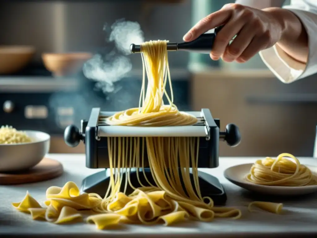 Un chef experto elabora pasta fresca con una máquina vintage, capturando la esencia de una experiencia interactiva en un bar de pasta