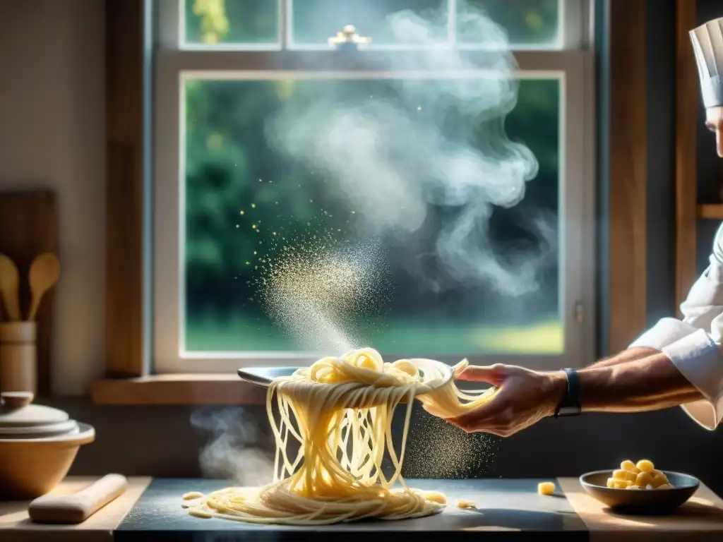 El chef experto lanza la pasta hecha a mano al aire, con harina suspendida en la luz del sol que entra por la ventana de una cocina rústica, mostrando los detalles intrincados de la masa y el desenfoque de movimiento de las manos del chef con claridad impresionante