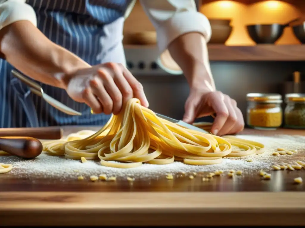 Un chef experto en pasta italiana, con vintage herramientas de cocina, crea spaghetti