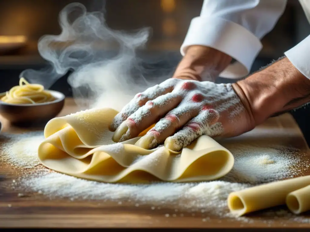 Un chef experto en pasta italiana, con manos tatuadas, amasa finas láminas de pasta