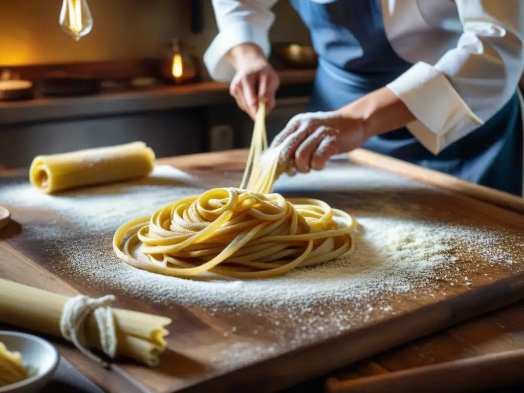 Un chef experto crea pasta italiana artesanal, mostrando la cocina italiana y la reducción de desperdicio