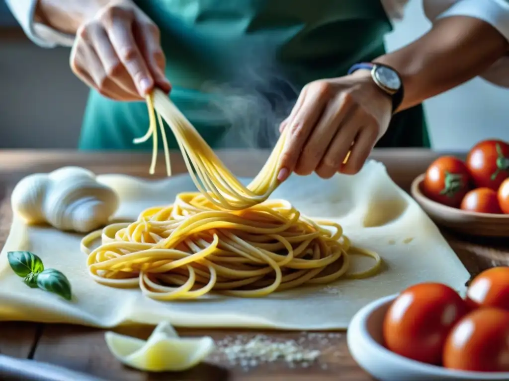 Chef experto elaborando pasta italiana rodeado de ingredientes frescos