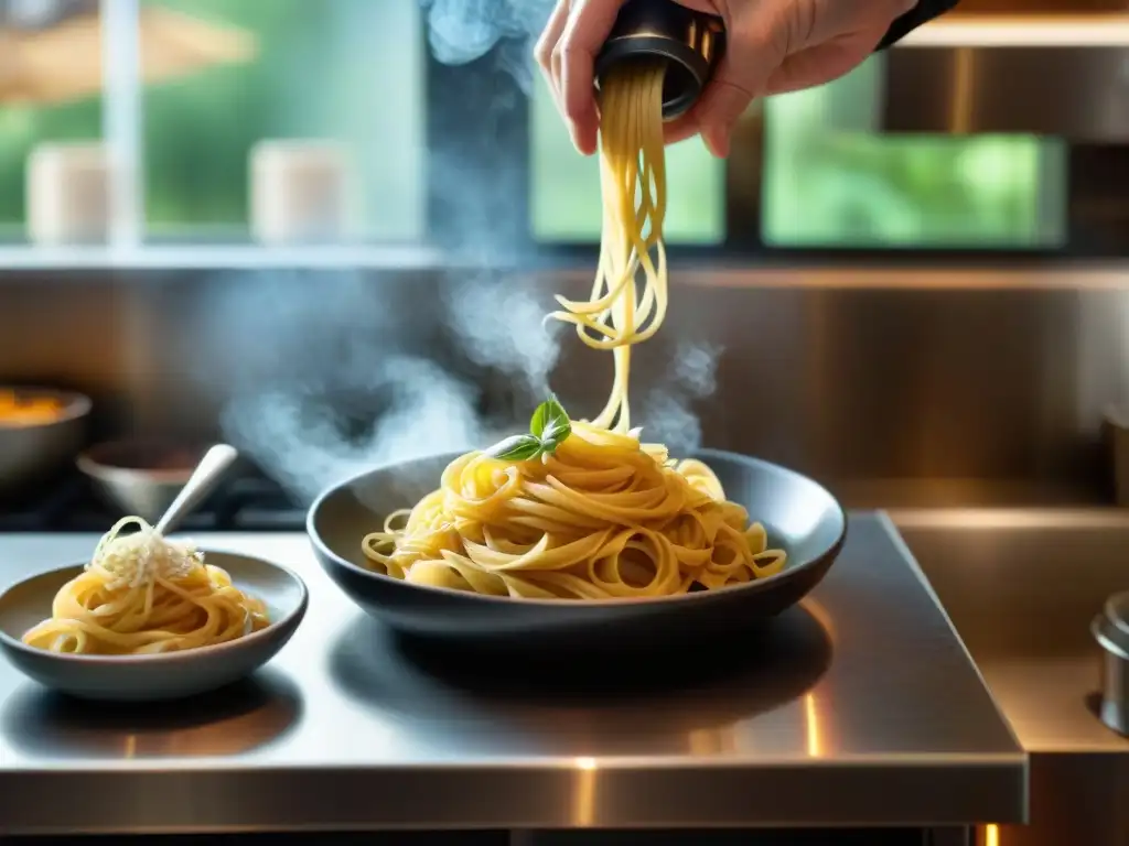 Chef experto preparando pasta italiana al dente con salsa brillante y queso Parmesano fresco