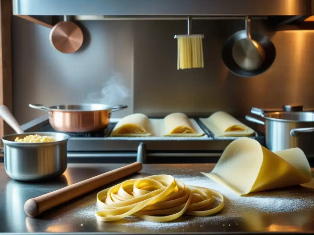 Un chef experto preparando pasta italiana en una cocina rústica con utensilios cocina italiana principiantes