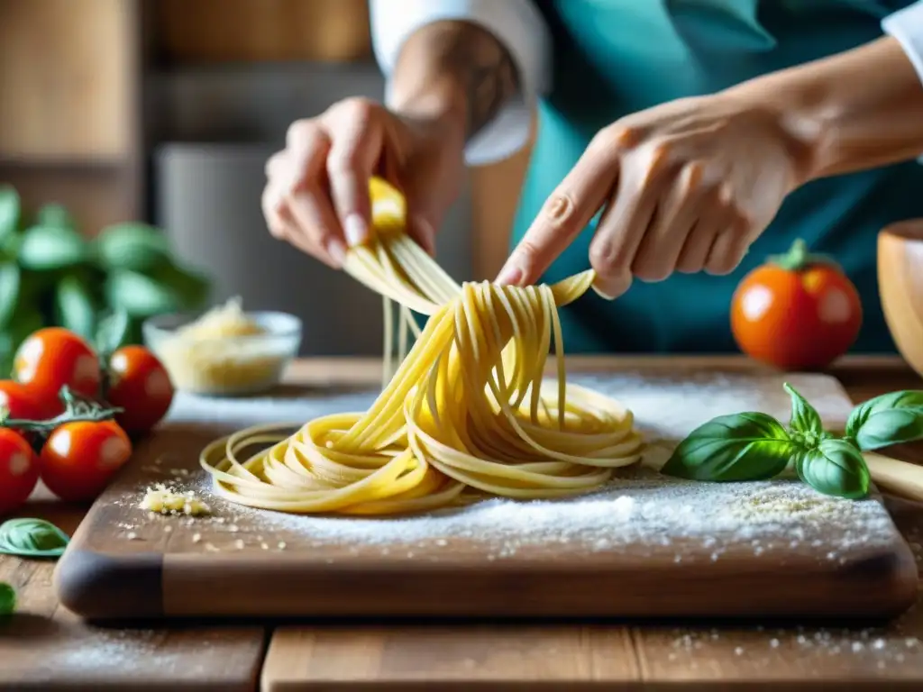 Un chef experto elabora pasta italiana tradicional en una cocina rústica