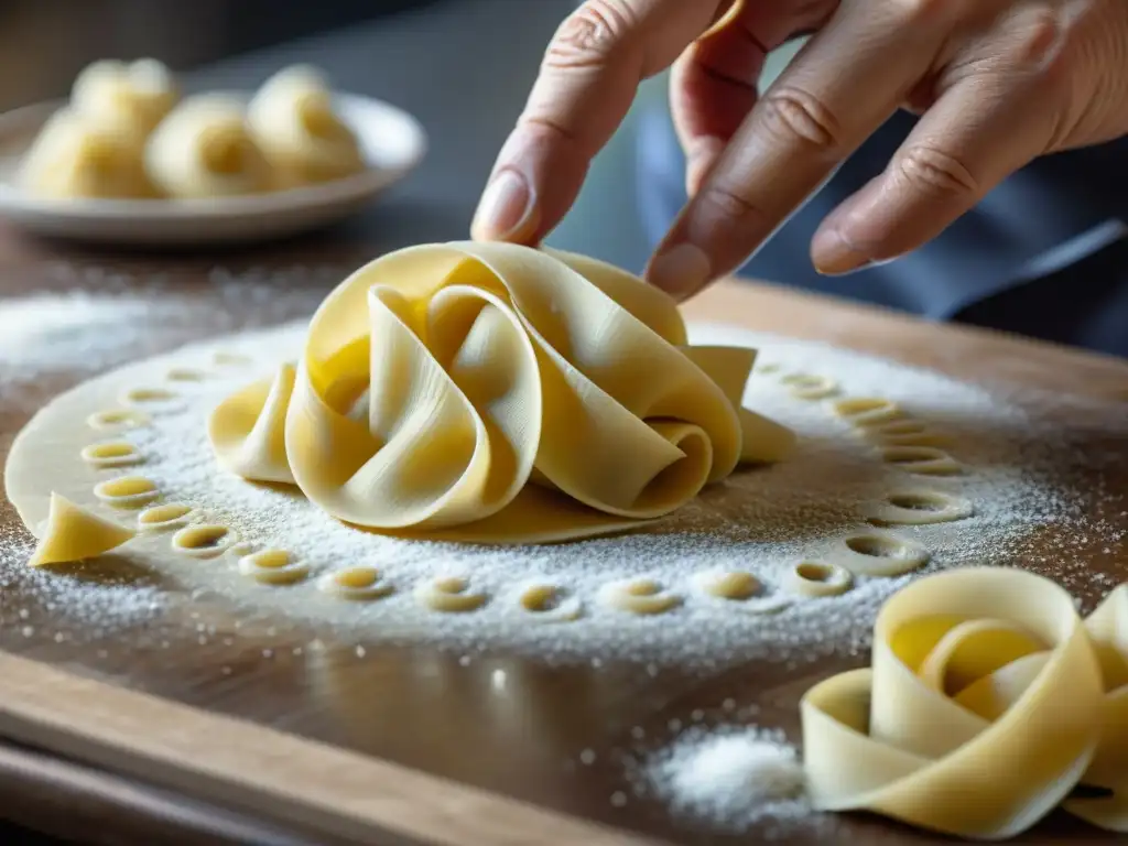 Un chef experto moldea pasta a mano con técnicas de cocina italiana avanzadas