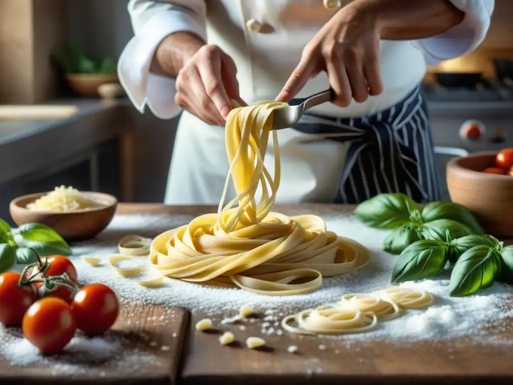 Un chef experto elaborando pasta a mano en una cocina rústica con ingredientes frescos