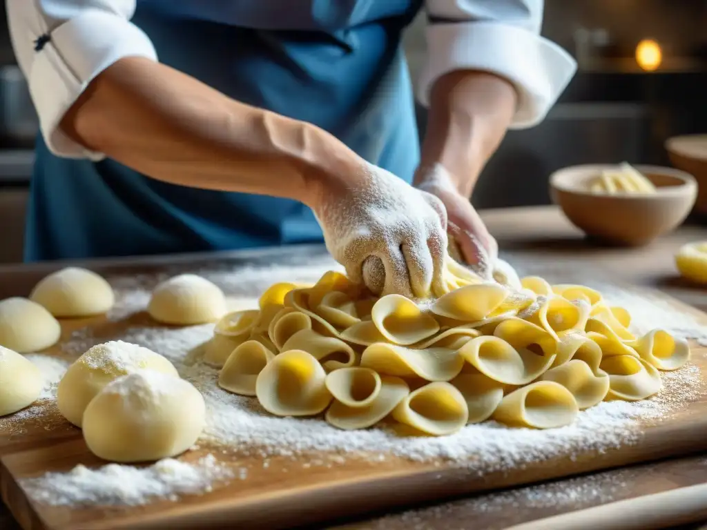 Chef experto moldea pasta a mano con técnicas cocina italiana tradicionales