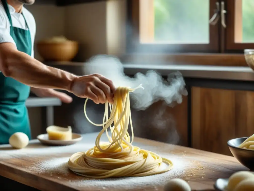 Un chef experto elabora pasta a mano en una cocina italiana rústica, con luz natural