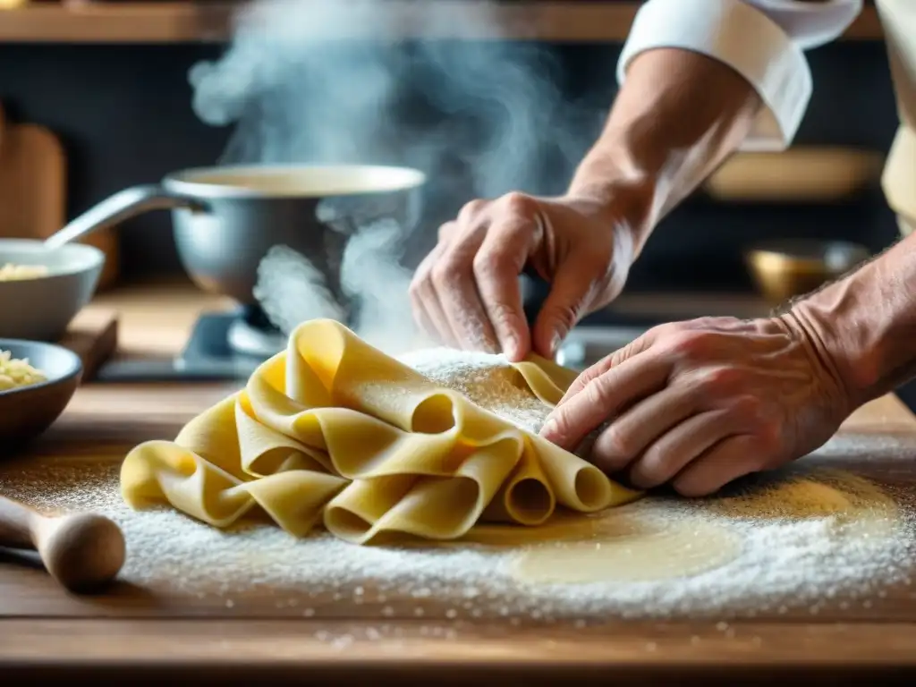 Chef experto moldeando pasta a mano en cocina rústica, con luz natural