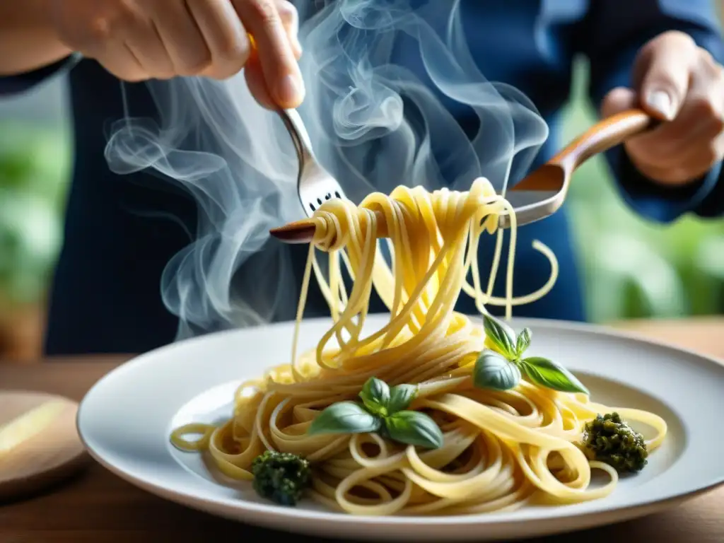 Un chef experto integrando pasta en menú bodas con destreza y arte, entre vapor y ingredientes