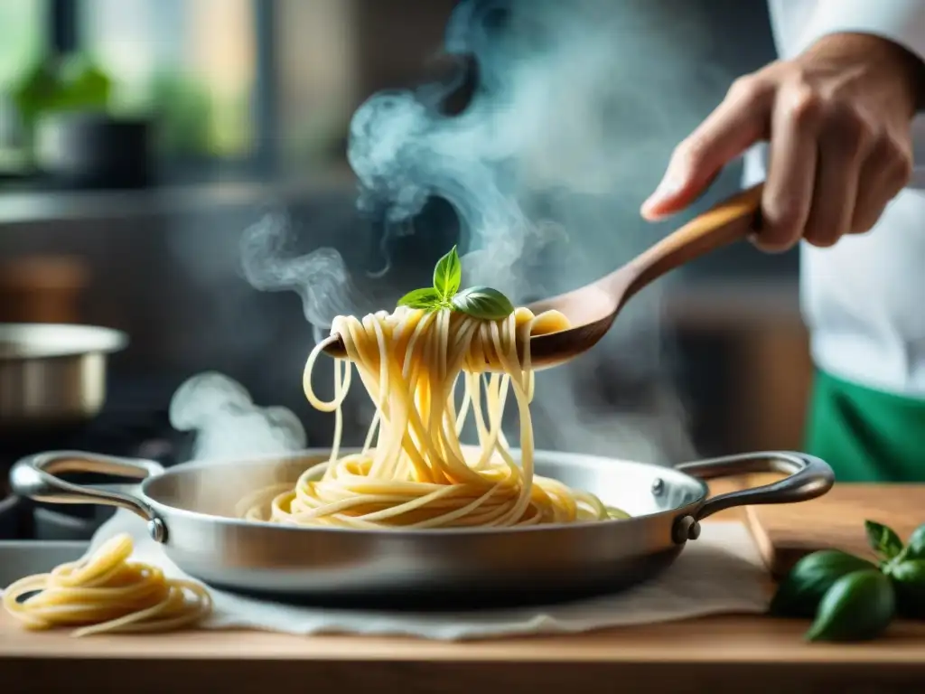 Un chef experto integra pasta en menú bodas, mostrando destreza y pasión en cocina vibrante