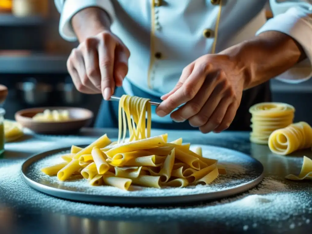 Un chef experto moldea pasta personalizada con herramientas de pasta personalizadas