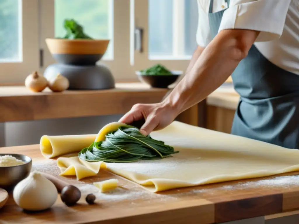 Un chef experto elabora pasta rellena casera con ricotta, espinacas, calabaza y champiñones