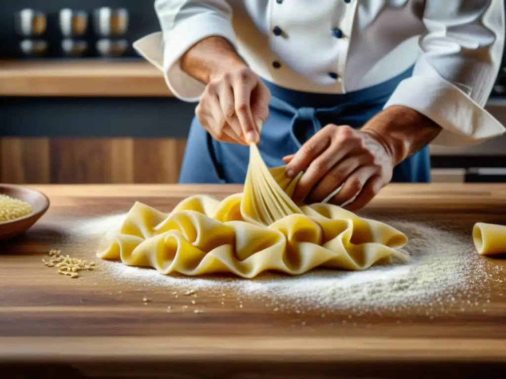 Chef experto preparando pasta rellena casera recetas con destreza en una cocina soleada