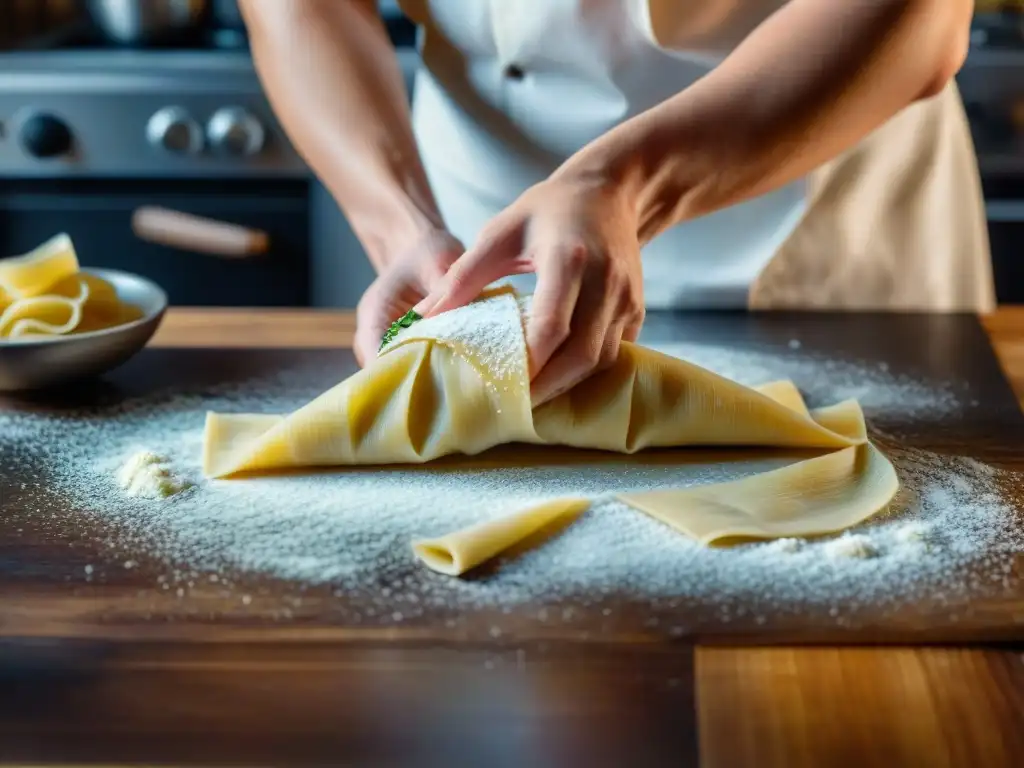 Chef experto preparando pasta rellena casera con precisión y destreza, mostrando el arte culinario