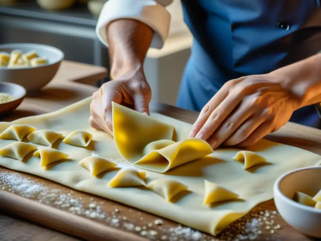 Chef experto preparando Pasta rellena Agnolotti casera en una cocina rústica con luz natural