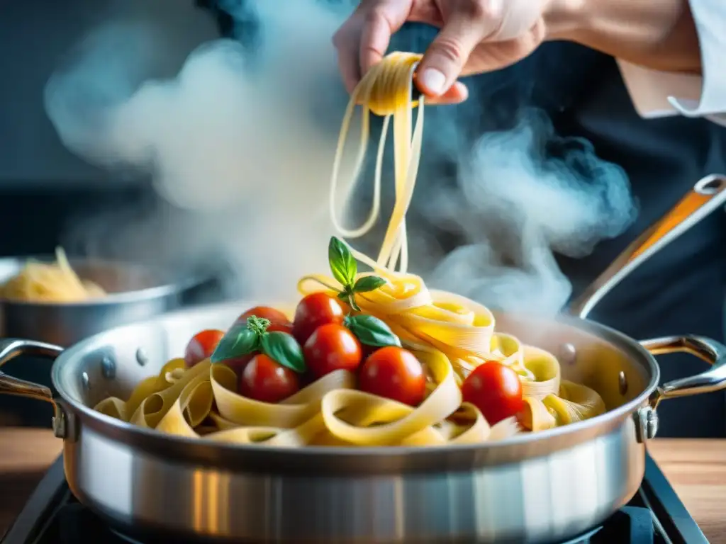 Un chef experto prepara pasta al vodka receta italiana con maestría, destacando los colores vibrantes de la salsa y la destreza en la cocina