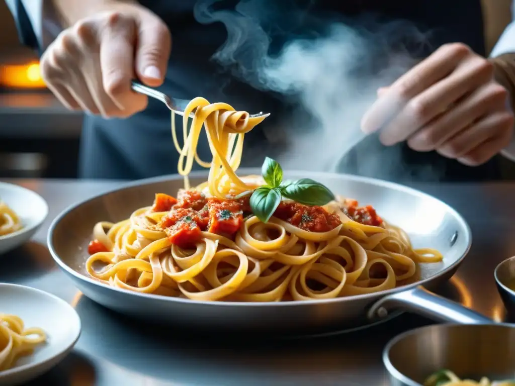 Un chef experto preparando pasta al vodka receta italiana, con salsa roja y cremosa, vapor y pasta brillante